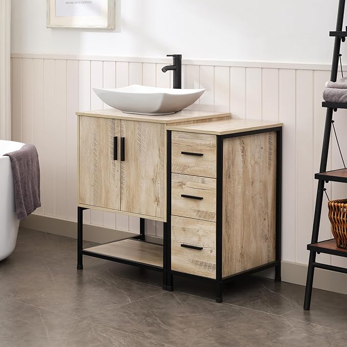 UEV 36" Rustic Oak Bathroom Vanity with Sink Combo,Industrial Iron Frame Bathroom Cabinet Sets with 3 Drawers Side Cabinet,Modern Artistic Ceramic Vessel Sink(032WH)