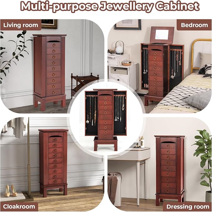GOFLAME Standing Jewelry Cabinet Armoire, Jewelry Storage Organizer with Flip Top Mirror, 9 Drawers, 2 Side Doors, Space Saving Jewelry Chest Armoire for Necklaces, Earrings, Bracelets, Brown