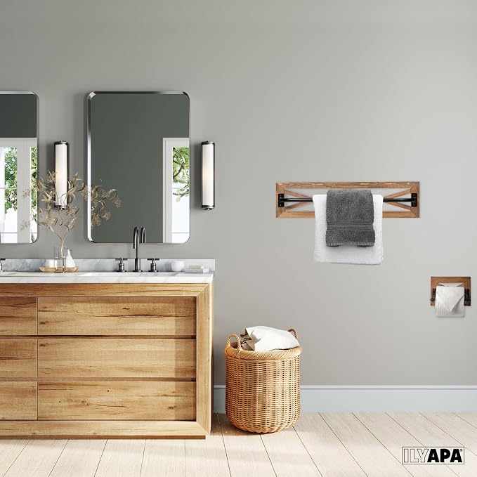 Ilyapa Towel Bar, TP Holder & Towel Ring Set, Barnwood Wood, Black Metal | Bar Accents, Wall Mounted Design, Farmhouse Bathroom Décor, Includes Mounting Hardware