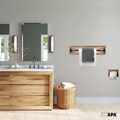 Ilyapa Towel Bar, TP Holder & Towel Ring Set, Barnwood Wood, Black Metal | Bar Accents, Wall Mounted Design, Farmhouse Bathroom Décor, Includes Mounting Hardware