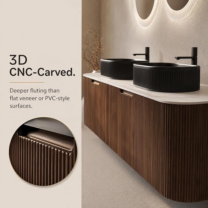 60 Inch Double Sink Bathroom Vanity, Floating Wall Mounted Cabinet, Dark Walnut Curved Fluted Front, Stone Top, Dual Black Textured Oval Vessel Basins, Pre-Assembled