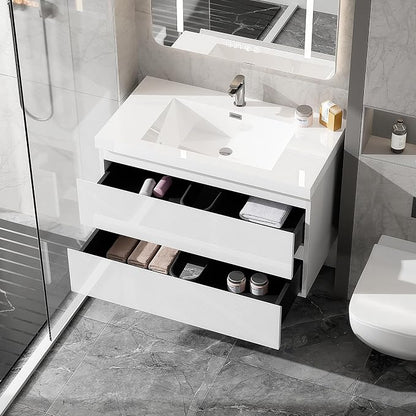 36 Inch Floating Bathroom Vanity with Sink, Large Storage Wall Mounted Floating Vanity with Soft Close Drawers, One-Piece Basin Bathroom Sink Cabinet (Glossy White, 36 Inch)
