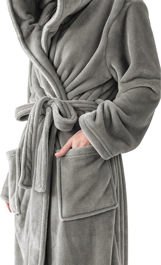 Robes for Women - Hooded Plush Fleece Bathrobe with Sash & Pockets, Full-Length Lightweight Spa Robe