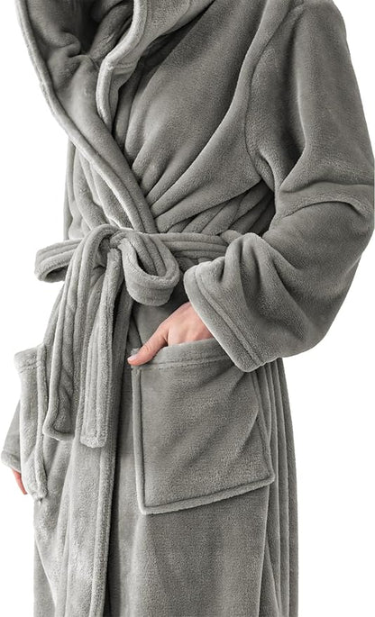 Robes for Women - Hooded Plush Fleece Bathrobe with Sash & Pockets, Full-Length Lightweight Spa Robe