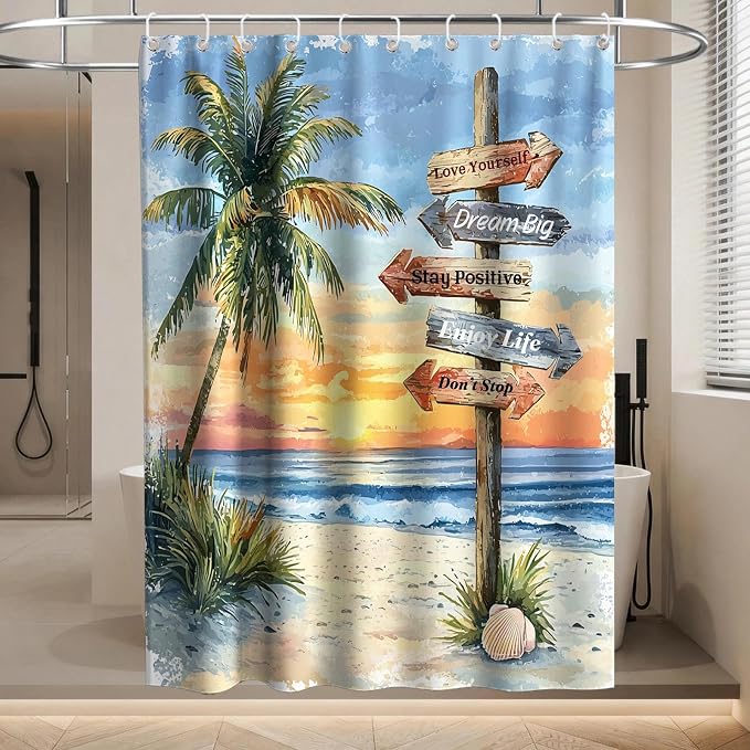Beach Luxury Coastal Shower Curtain Tropical Aesthetic Palm Tree Summer Sun | Inspirational Shower Curtains for Bathroom, Waterproof Bath Curtain with Hooks Machine Washable Bathtub Curtains 60x72 Inch