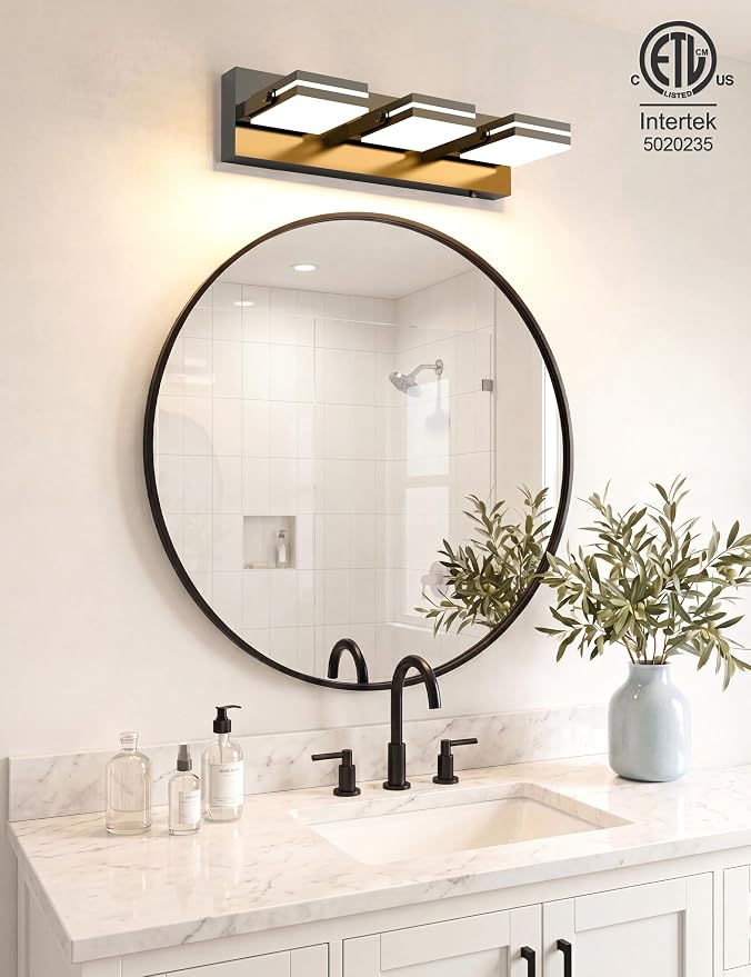 VOLISUN 3 Light Bathroom Vanity Light, 16.15 inch Dimmable Bathroom Light Fixtures Over Mirror, 5 Color Temperatures, 180°Rotatable Head, Black LED Vanity Lights for Bathrooms-ETL Certificated