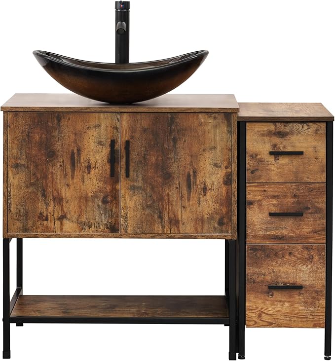 UEV 42" Rustic Brown Bathroom Vanity with Sink Combo,Industrial Iron Frame Bathroom Cabinet Sets with 3 Drawers Side Cabinet,Modern Champagne Boat Tempered Glass Vessel Sink(029CH)