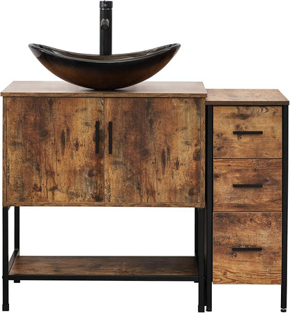 UEV 42" Rustic Brown Bathroom Vanity with Sink Combo,Industrial Iron Frame Bathroom Cabinet Sets with 3 Drawers Side Cabinet,Modern Champagne Boat Tempered Glass Vessel Sink(029CH)