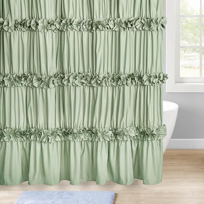 Homechoice Decor Sage Ruffle Shower Curtain, Handcrafted Bow Tie | Vintage Bath Curtain for Master Bathroom, Ruched Microfiber Bathroom Curtain with 12 Buttonholes, 72" W x 72" H (LQ-10)