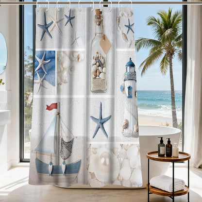 White Beach Shower Curtain Ocean Coastal Nautical Theme Fabric Modern Summer Seashell Bathroom Decor Sets with Grommets and Hooks 60W x 72H Blue