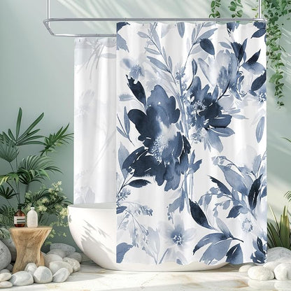 Extra Wide Flower Shower Curtain 108 x 72 for Claw Foot Tub, Navy Blue | Modern Watercolor Floral 108 inch Long Shower Curtain Set with 18 Pack Plastic C-Hooks, Blue White