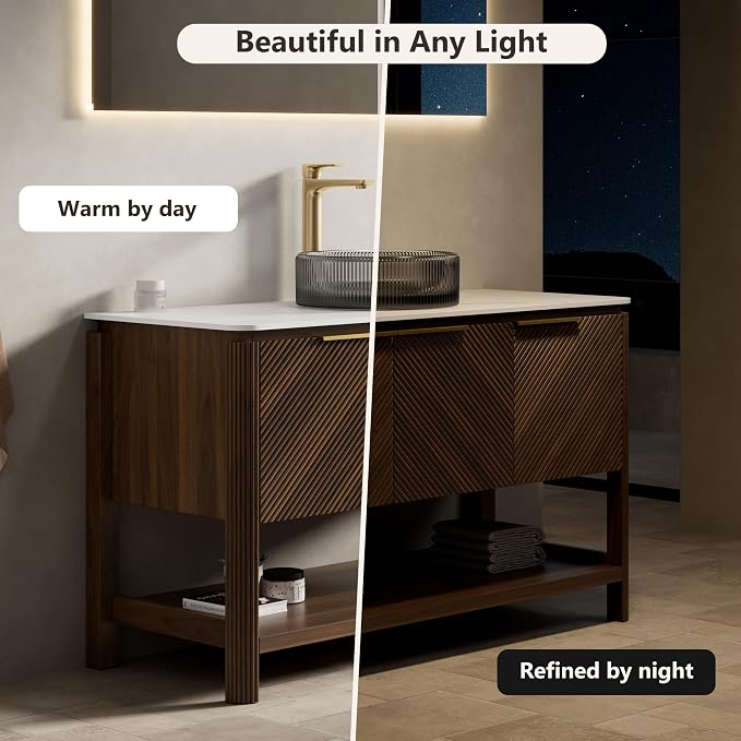 Yayzy 48 Inch Bathroom Vanity with Sink, Freestanding Dark Walnut Bathroom Cabinet, Smoky Gray Glass Vessel Sink, Carrara White Sintered Stone Countertop, Soft Close Doors, Open Storage Shelf