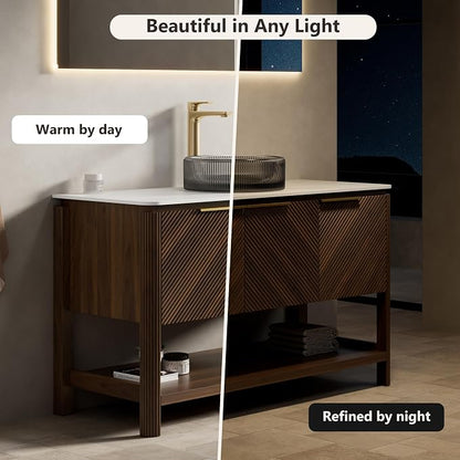 Yayzy 48 Inch Bathroom Vanity with Sink, Freestanding Dark Walnut Bathroom Cabinet, Smoky Gray Glass Vessel Sink, Carrara White Sintered Stone Countertop, Soft Close Doors, Open Storage Shelf