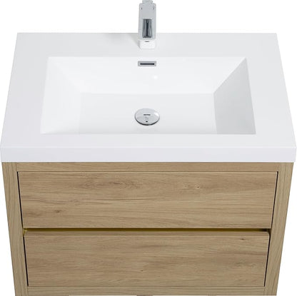 Modern 30" Wall-Mounted Bathroom Vanity with Sink | Floating Storage Cabinet, Stone Resin Countertop, Soft Close Drawers | Natural Oak