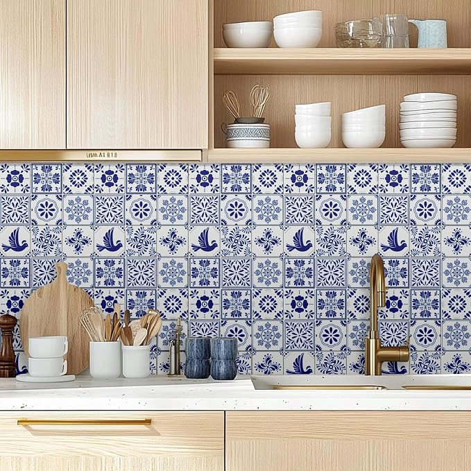 CHGCRAFT 36pcs 9 Styles Mexican Ceramics Blue Tile Stickers Waterproof Tile Stickers Square with Flower Pattern for Kitchen Bathroom Bedroom Wall Floor Decoration, Dodger Blue, 4×4inch