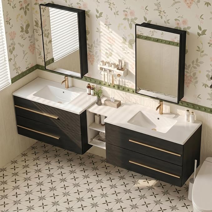 84 Inch Floating Double Sink Bathroom Vanity, Modern Bathroom Vanity with Sink & Large Storage Drawers, Wall Mounted Bathroom Sink Cabinet, Black&White
