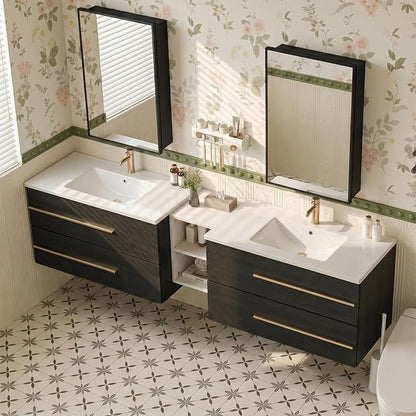 84 Inch Floating Double Sink Bathroom Vanity, Modern Bathroom Vanity with Sink & Large Storage Drawers, Wall Mounted Bathroom Sink Cabinet, Black&White
