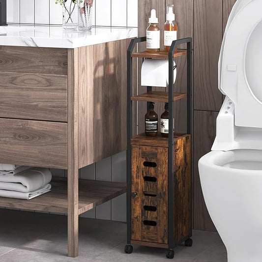 Bathroom Storage Cabinet - Toilet Paper Storage Cabinet, Small Toilet Paper Holder with 4 Wheels, Bathroom Organizer with Adjustable Shelf, for Small Spaces, Rustic Brown BC04601X