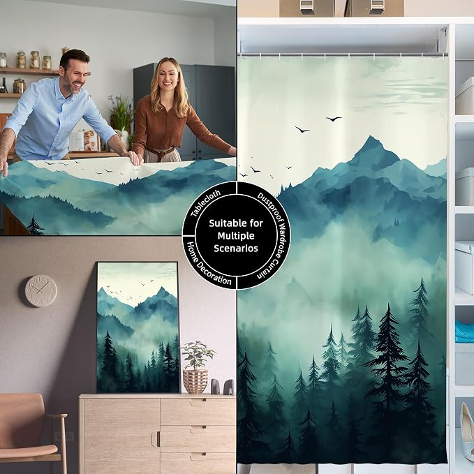 Teal Misty Foggy Forest Shower Curtain for Bathroom 72W*72H Inch Nature Tree Mountain Woodland Bathtub Decor Pine Tree Natural Country Cool Masculine Aesthetic Waterproof Polyester Fabric