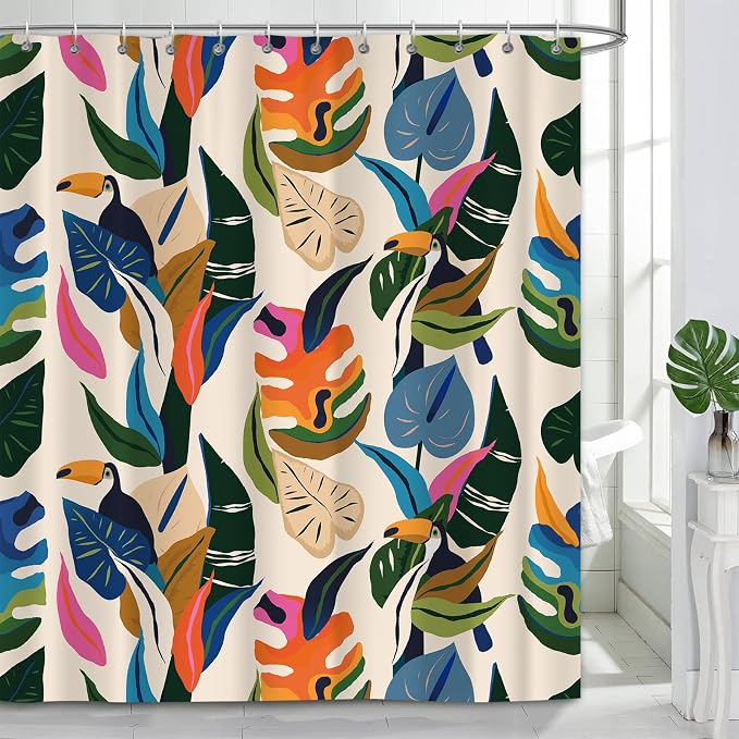 Colorful Leaf Shower Curtain, Boho Bird Abstract Art Jungle Plant Bathroom Curtain with 12 Hooks, Modern Asthetic Waterproof Polyester Fabric Bathroom Decor with Hooks 72x72 Inch