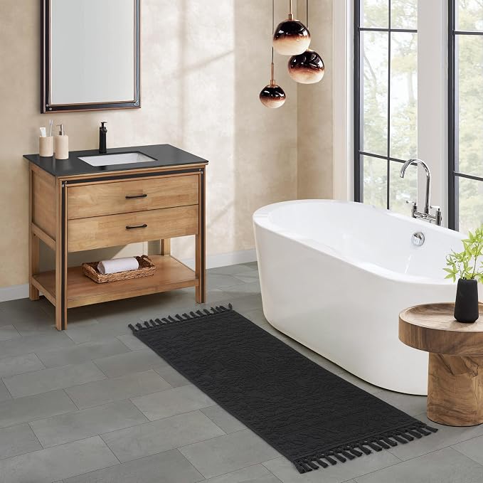 French Connection Nellore Bath Rugs, Woven and Beaded Bath Mats, Durable and Thick Bath Mats for Bathroom and Shower Rugs, 20" x 64", Black