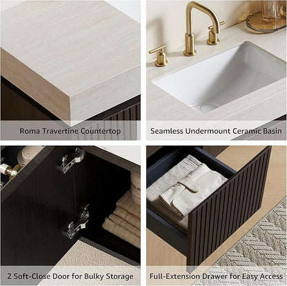 48” Floating Bathroom Vanity with Sink, Wall-Mounted Cabinet with Drawer & Doors, Roma Travertine-Pattern Countertop, Undermount Basin, 3 Faucet Hole, Soft-Close, Pre-Assembled, Dark Oak
