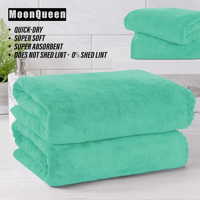 MOONQUEEN 2 Pack Premium Bath Towel Set - Quick Drying - Microfiber Coral Velvet Highly Absorbent Towels - Multipurpose Use as Bath Fitness, Bathroom, Shower, Sports, Yoga Towel (Aqua Green)