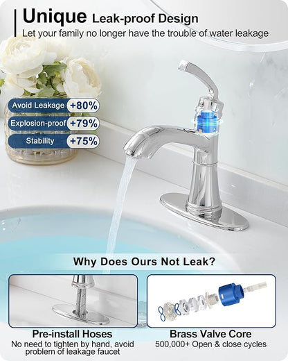 Brass Bathroom Sink Faucet Single Handle, Bath Sink Faucet, Chrome Bathroom Faucet 1 Hole or 3 Holes, Vanity Faucets 4 Inch with Pop-up Drain, Deck Plate, Pre-Installed Hose Save Water