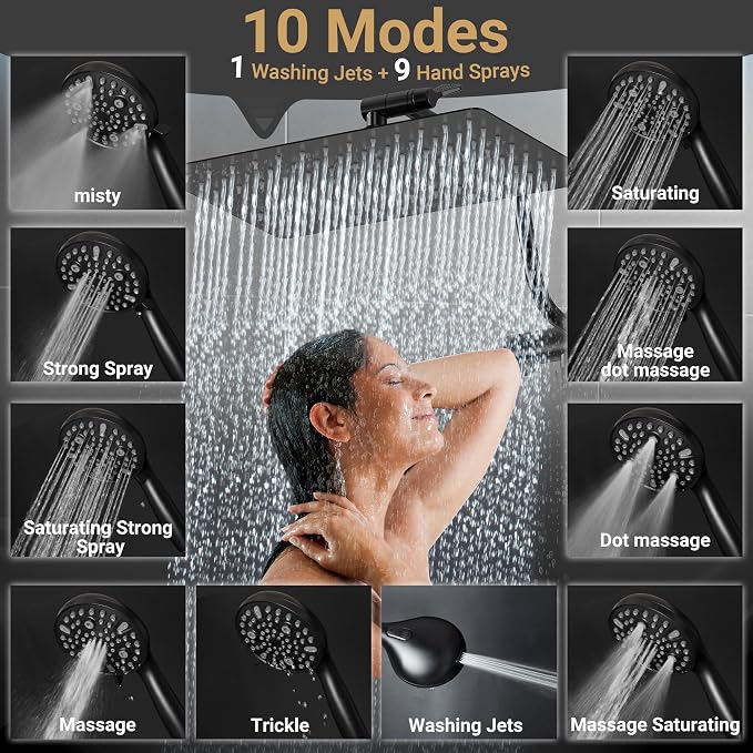 Filtered Shower Head with Handheld, 11.8" Rain Shower Head, High Pressure | 10-Function Spray Options, Adjustable Extension Arm, Secure Adhesive Holder, Easy Installation, Stainless Steel-Black Finish