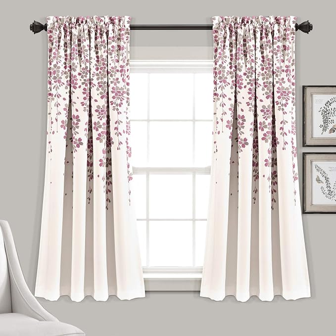 Lush Decor Weeping Flower Light Filtering Window Curtain Panels, Pair, 52"W x 63"L + 2" Header, Purple & Gray- Charming Modern Floral Curtains for Living Room, Dining Room, & Bedroom