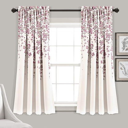 Lush Decor Weeping Flower Light Filtering Window Curtain Panels, Pair, 52"W x 63"L + 2" Header, Purple & Gray- Charming Modern Floral Curtains for Living Room, Dining Room, & Bedroom