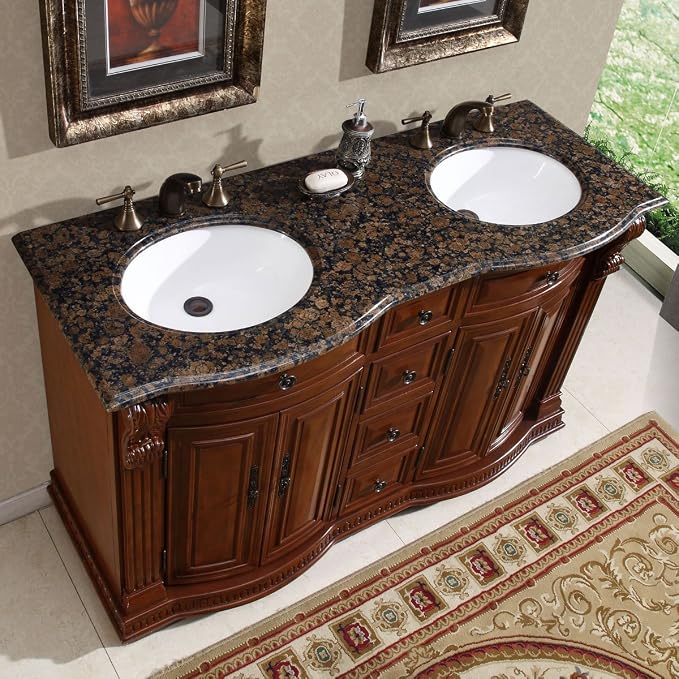 HYP-0223-BB-UWC-55 Granite Stone Top Double White Sink Bathroom Vanity with Furniture Cabinet, 55", Medium Wood