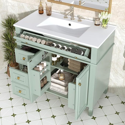 36" Bathroom Vanity Cabinet with Ceramic Countertop Sink Combo Set, Solid Wood Frame, Tilt-Out Drawers and Left Side Drawers, Soft Closing Door Hinges, Modern Style, Green