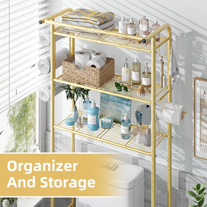Simple Trending 3 Tier Over The Toilet Rack, Shelf Bathroom, Bathroom Stand Organizer Space Saver, Gold