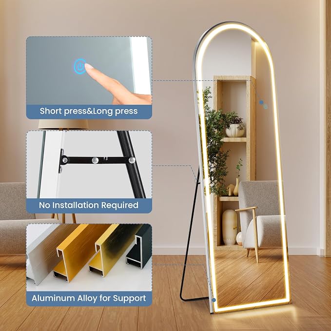 DUMOS Arched LED Mirror Full Length Standing, 63"x20" Full Body Wall Mirror | LED Lights 3 Color Lighting and Shatterproof Tempered Glass, Wall Hanging or Leaning, Floor Standing, Modern Home Decor