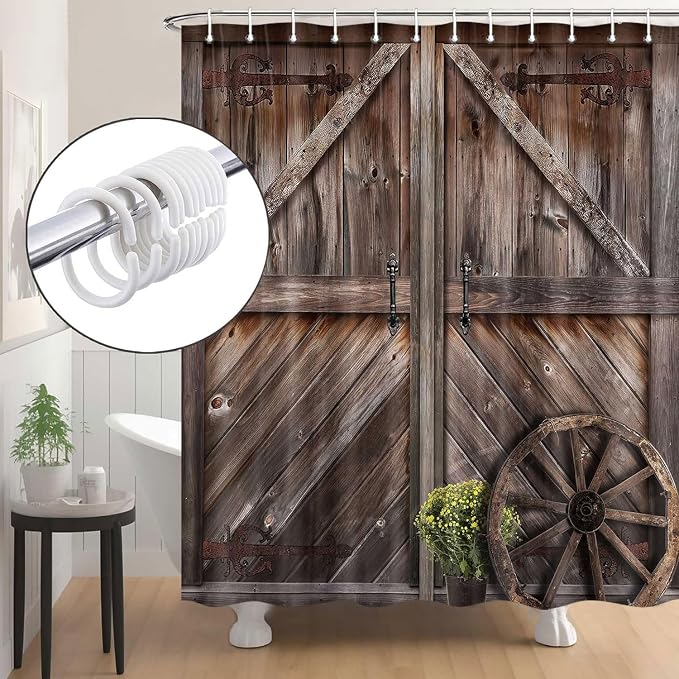 Western Vintage Farmhouse Wood Board Shower Curtain,Rustic Barn Door Shower Curtains Sets for BathroomDecor, Fabric Extra Long Brown Woodlande Countryside Bath Curtain with Hooks 72X84IN