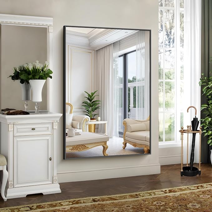 YIROMAN Bathroom Mirror 60"x36", Large Matte Black Bathroom Mirror for Over Sink with Aluminum Frame, Rectangular Vanity Mirror with Right Angle, Wall Mirror Hangs Horizontal or Vertical, Shatterproof