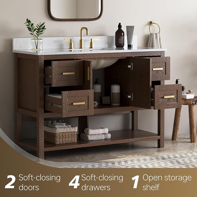 48 Inch Bathroom Vanity with Sink, Farmhouse Storage Cabinet with Drawers & Open Storage Shelf, Fully-Assembled, Soft-Closing Drawers and Adjustable Feet, Walnut