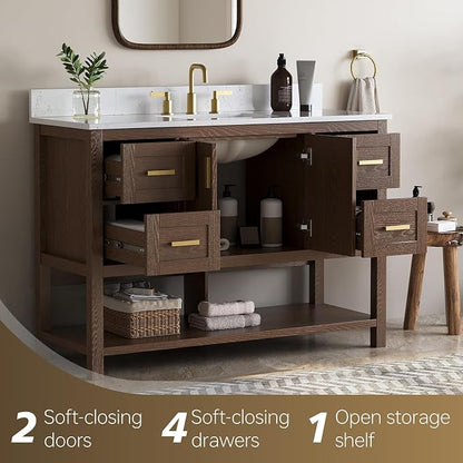 48 Inch Bathroom Vanity with Sink, Farmhouse Storage Cabinet with Drawers & Open Storage Shelf, Fully-Assembled, Soft-Closing Drawers and Adjustable Feet, Walnut