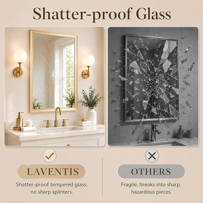 24x36 Inch Brushed Gold Bathroom Mirrors for Over Sink | Inner Arc Aluminum Frame Rectangle Vanity Mirror for Bedroom Living Room Entryway, HD Tempered Glass, Anti-Rust