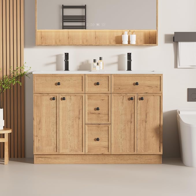 LUCKWIND 48" Farmhouse Bathroom Vanity with Sink Combo, Rustic Modern Bathroom Cabinet with Undermount Solid Surface Double Sink, Soft-Close Hinges & Water-Saving Faucet, Natural