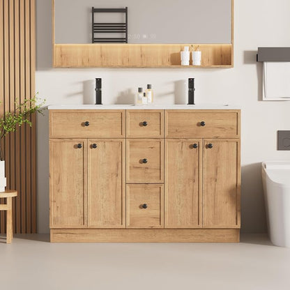 LUCKWIND 48" Farmhouse Bathroom Vanity with Sink Combo, Rustic Modern Bathroom Cabinet with Undermount Solid Surface Double Sink, Soft-Close Hinges & Water-Saving Faucet, Natural