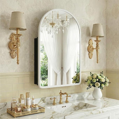 Casaphoria 36" H x 24" W Arched Bathroom Medicine Cabinet with Mirror, Wooden Frame and 2 Adjustable Shelves Wall Medicine Cabinets Mirrors, White