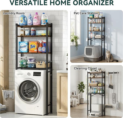 GloTika 4-Tier Over The Toilet Storage, Anti-Tilt, 69.3" H, Black Brown | Anti-Tilt Safety System, 150lb Capacity, Carbon Steel, Freestanding, Anti-Rust Coating, Paper Holder & 4 Hooks