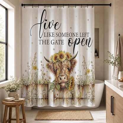 Highland Cow Shower Curtain, Rustic Farmhouse Floral Bath Curtain | 72x72 Inches, Waterproof Polyester Fabric, Country Bathroom Decor for Home Decorations, Includes 12 Hooks