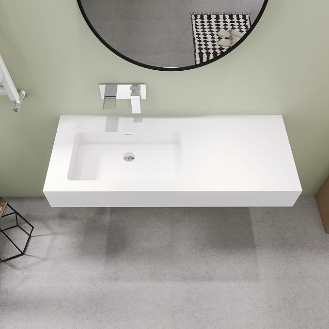 SJ STAR&JANE 47" x 19" Solid Surface Bathroom Single Vessel Sink, Wall Mounted Sink, Stone Resin Countertop With Single Bowl in Matte White Floating Vanity Sink Durable Modern Design