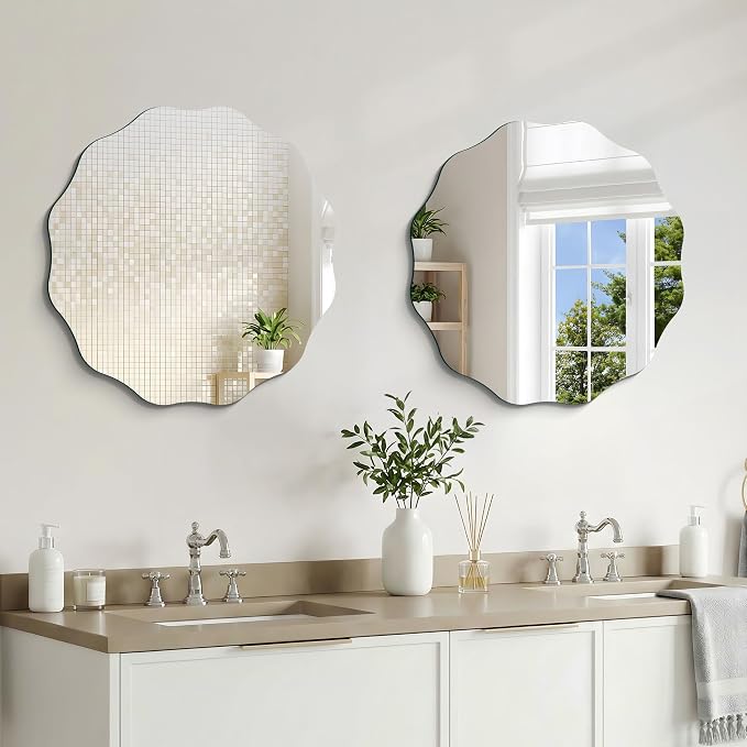 CILIBER Wavy Mirror for Wall, 24'' Scalloped Frameless Round Mirror, 3mm Tempered Glass Decorative Bathroom Vanity Mirror, Mounting/Leaning for Mantel, Living Room, Bedroom and Entryway