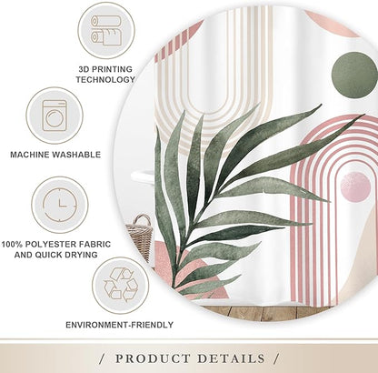 Glawry Pink Green Boho Shower Curtain Abstract Mid Century Tropical Leaves Modern Geometric Minimalist Arch Sun Bathroom Aesthetic 60Wx72L Inches Bath Accessories Art Home Decor Fabric 12 Pack Hooks