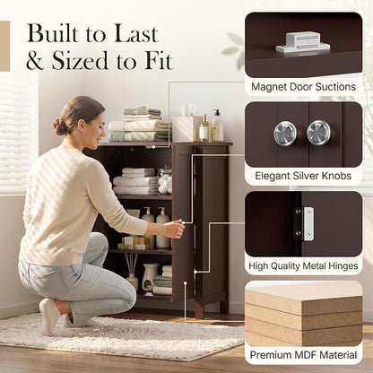 SUPER DEAL Modern Bathroom Floor Storage Cabinet with Adjustable Shelf and Double Door Rust Proof, Living Room Modern Home Furniture Storage Organizer Cabinet, Brown