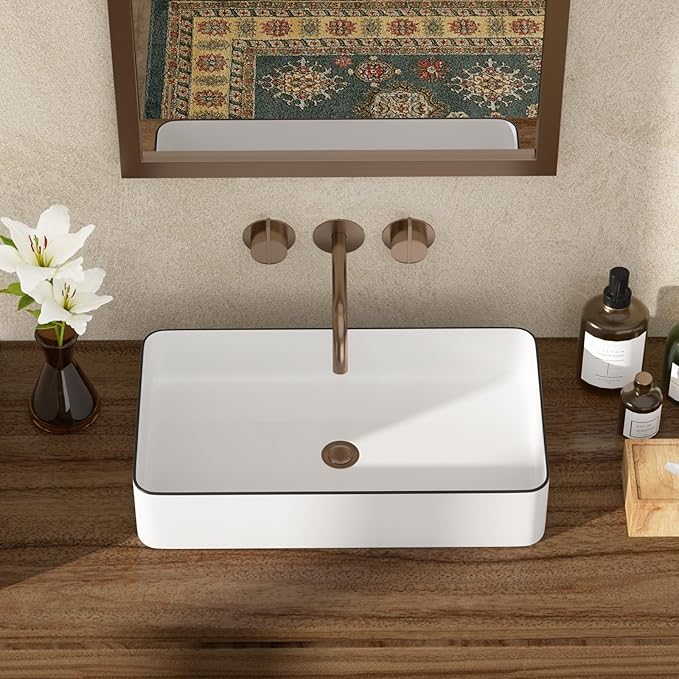 Bathroom Vessel Sink 24x14 inch Above Counter Rectangular White Ceramic Countertop Vessel Sink for Cabinet Lavatory Vanity 24" x 14"